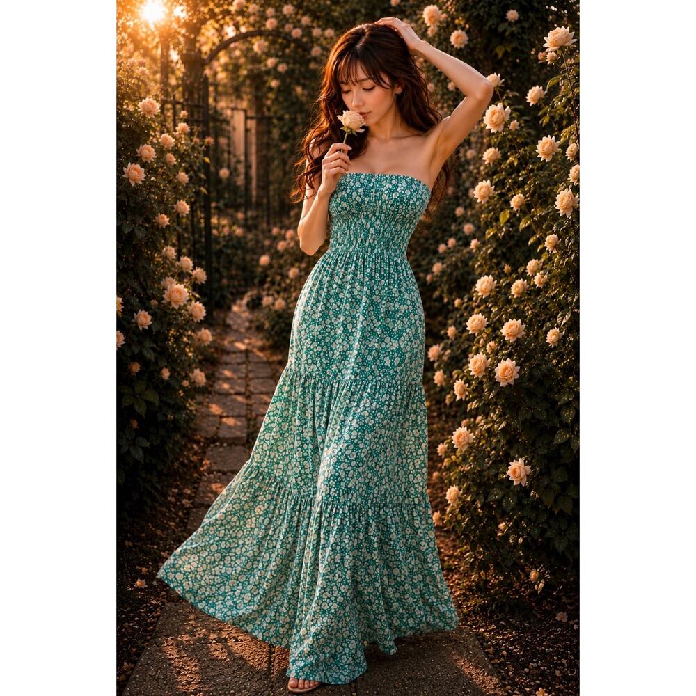 Twirl Through the Garden strapless smocked blooming floral maxi dress